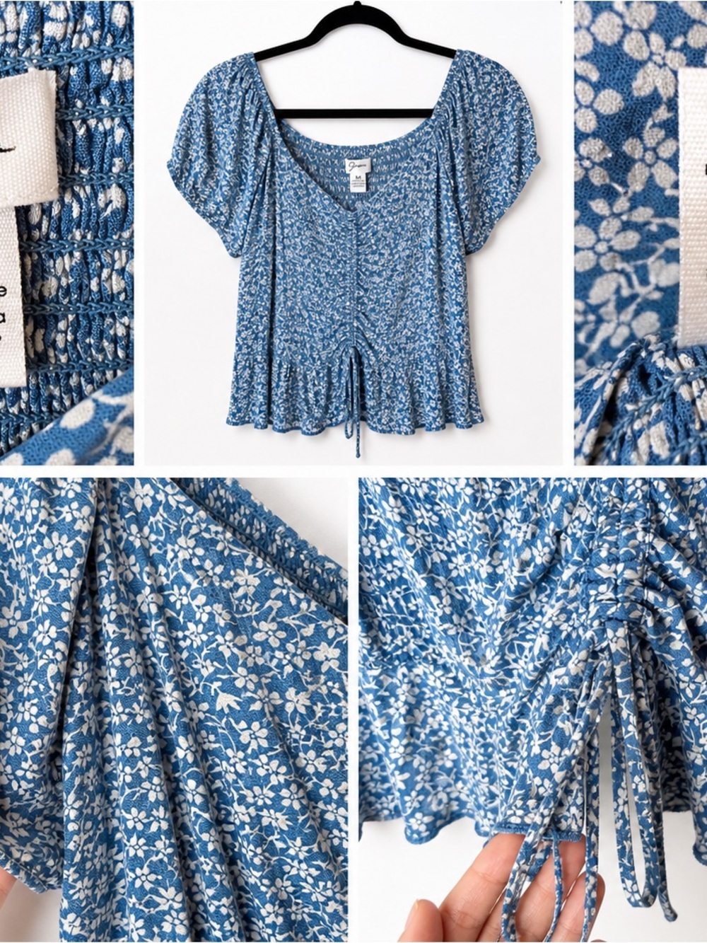 Japna Blue Floral Smocked Peplum Top Medium Boho Cottagecore - Picture 3 of 3